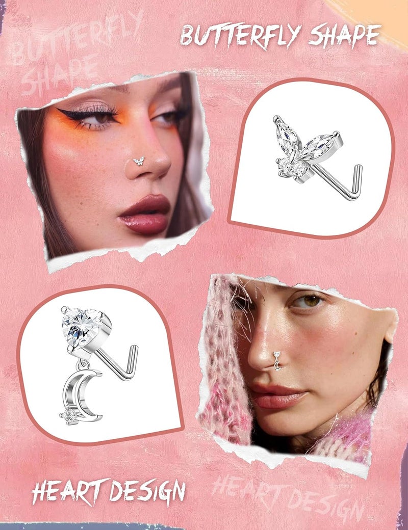 Sanfenly 12 PCS 20G Nose Rings Surgical Stainless Steel, L Shaped Nose Studs for Women Men, CZ Heart Butterfly Flower Leaf Moon Dangle Cute Nose Piercings Studs Screw Jewelry Pink/Purple/Blue/Clear - Image 2